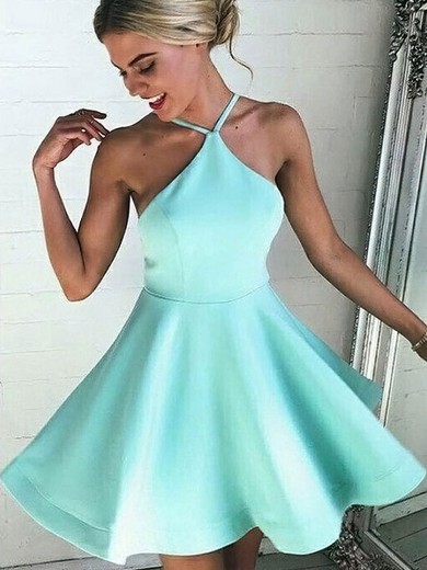 A-line Halter Satin with Ruffles Short/Mini Backless Casual Prom Dresses #UKM020103769