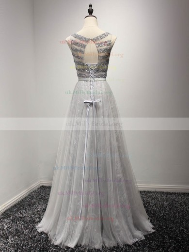 A-line Scoop Neck Tulle Lace Floor-length Sashes / Ribbons Prom Dresses #UKM020103780