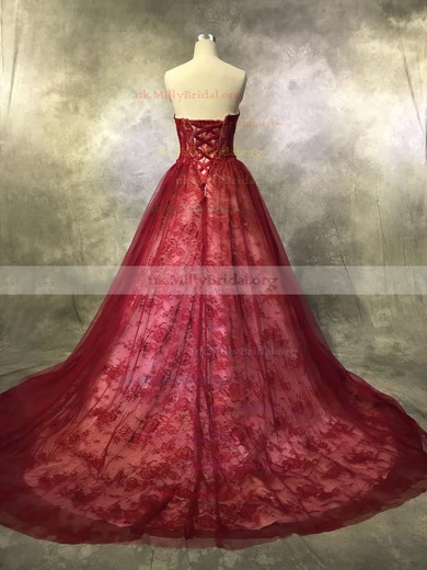 Ball Gown Sweetheart Lace Tulle Court Train Appliques Lace Prom Dresses #UKM020104118