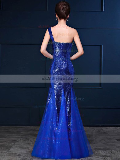 Tulle Sequined One Shoulder Trumpet/Mermaid Floor-length with Ruffles Bridesmaid Dresses #UKM01013420