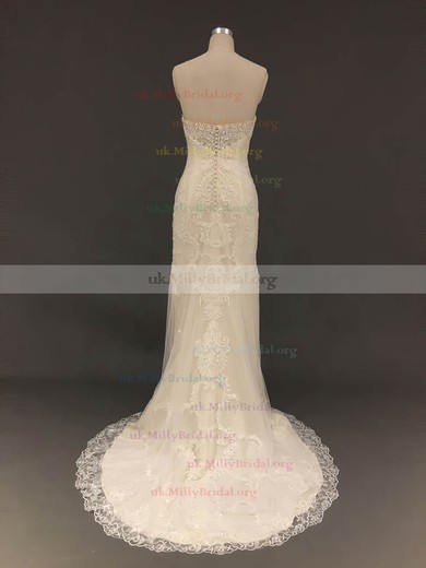 Tulle Sweetheart Trumpet/Mermaid Sweep Train with Appliques Lace Wedding Dresses #UKM00022909