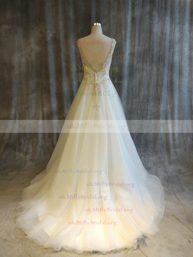Tulle V-neck Princess Sweep Train with Pearl Detailing Wedding Dresses #UKM00022911