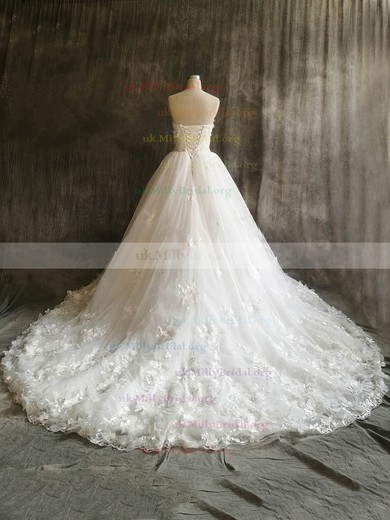 Tulle Sweetheart Ball Gown Court Train with Flower(s) Wedding Dresses #UKM00022912