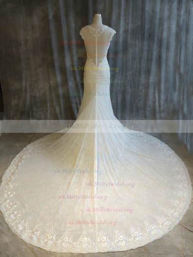 Tulle Lace V-neck Trumpet/Mermaid Chapel Train with Pearl Detailing Wedding Dresses #UKM00022914