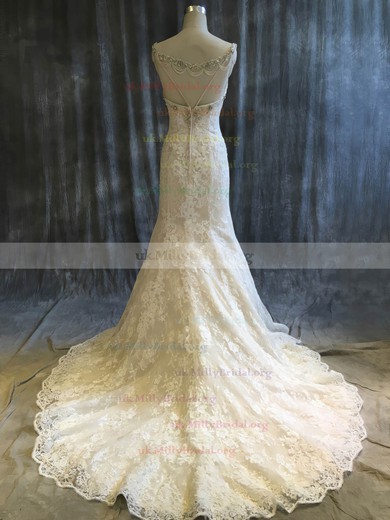 Tulle Lace V-neck Trumpet/Mermaid Sweep Train with Sequins Wedding Dresses #UKM00022920