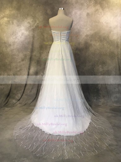 Tulle Sweetheart A-line Sweep Train with Ruffles Wedding Dresses #UKM00022926