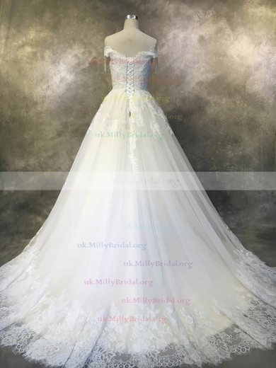 Tulle Off-the-shoulder Ball Gown Court Train with Beadings Wedding Dresses #UKM00022929