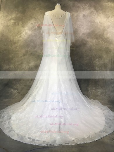 Tulle Lace V-neck A-line Court Train with Appliques Lace Wedding Dresses #UKM00022936