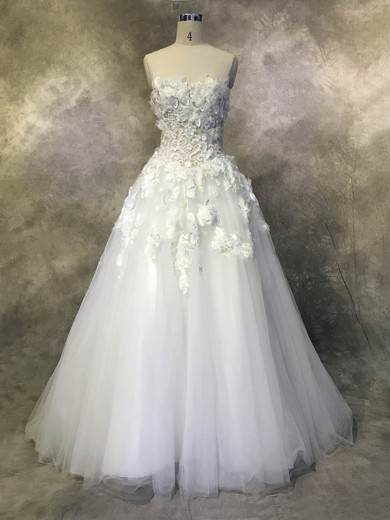 Tulle Strapless Ball Gown Chapel Train with Appliques Lace Wedding Dresses #UKM00022937