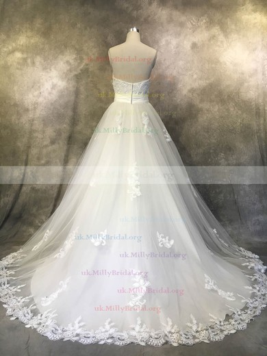 Tulle Sweetheart Princess Court Train with Sashes / Ribbons Wedding Dresses #UKM00022938