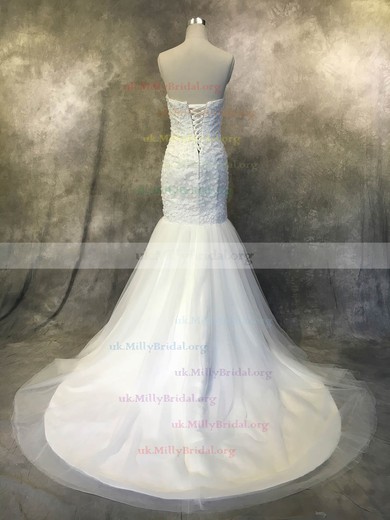 Tulle Strapless Trumpet/Mermaid Court Train with Flower(s) Wedding Dresses #UKM00022940