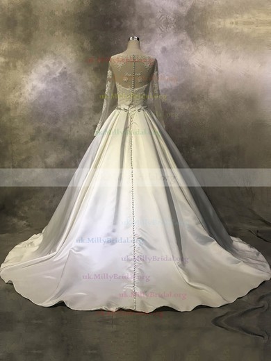 Satin Tulle Scoop Neck Ball Gown Court Train with Beading Wedding Dresses #UKM00022943