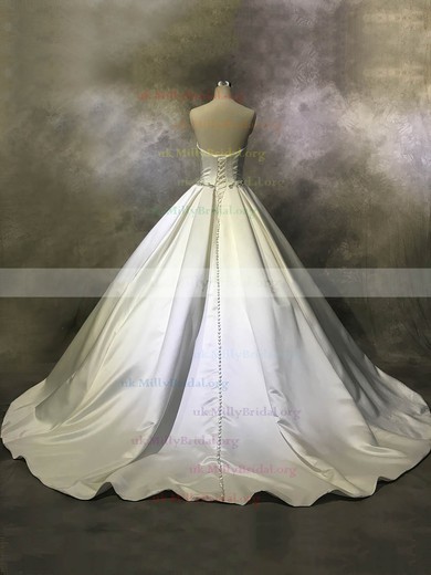 Satin Strapless Ball Gown Court Train with Buttons Wedding Dresses #UKM00022944