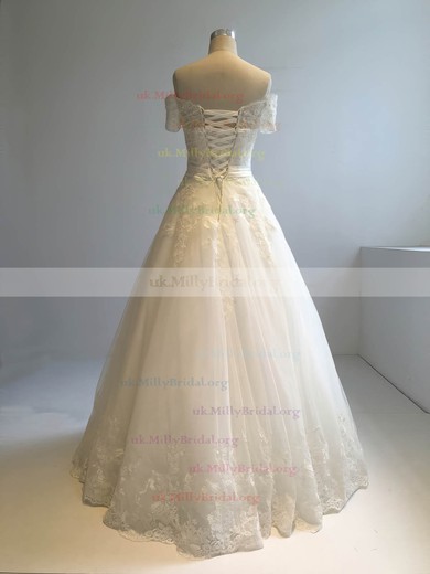 Tulle Off-the-shoulder Ball Gown Floor-length with Appliques Lace Wedding Dresses #UKM00022945