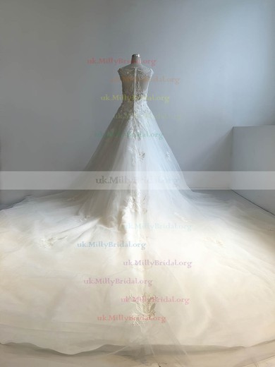 Tulle Scoop Neck Ball Gown Cathedral Train with Appliques Lace Wedding Dresses #UKM00022949