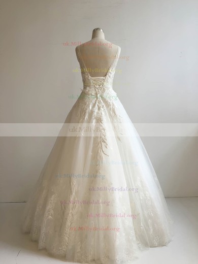 Lace Tulle Scoop Neck Ball Gown Floor-length with Appliques Lace Wedding Dresses #UKM00022951