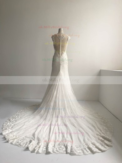 Lace Tulle Scoop Neck Trumpet/Mermaid Court Train with Pearl Detailing Wedding Dresses #UKM00022954