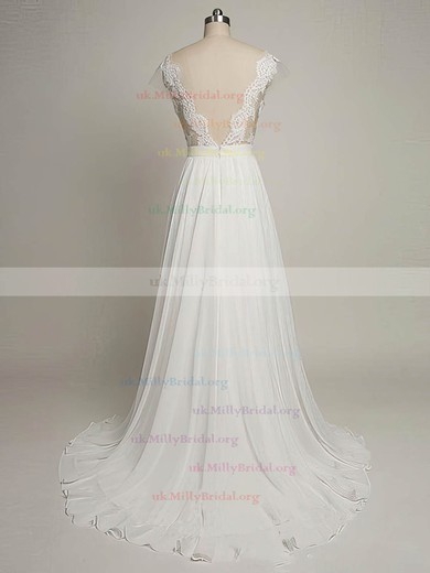 Tulle Chiffon Scoop Neck A-line Sweep Train with Appliques Lace Wedding Dresses #UKM00022968