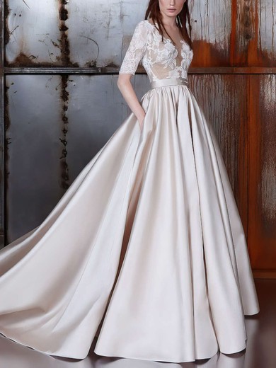 Satin Tulle Scoop Neck Ball Gown Court Train with Sashes / Ribbons Wedding Dresses #UKM00022977