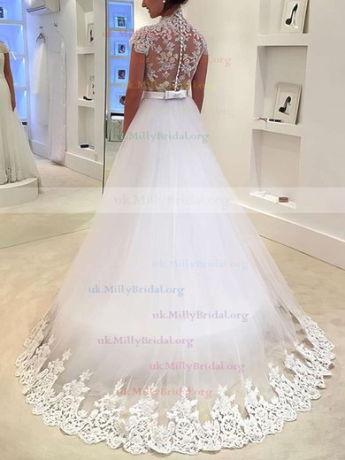 Tulle V-neck Princess Sweep Train with Sashes / Ribbons Wedding Dresses #UKM00022982