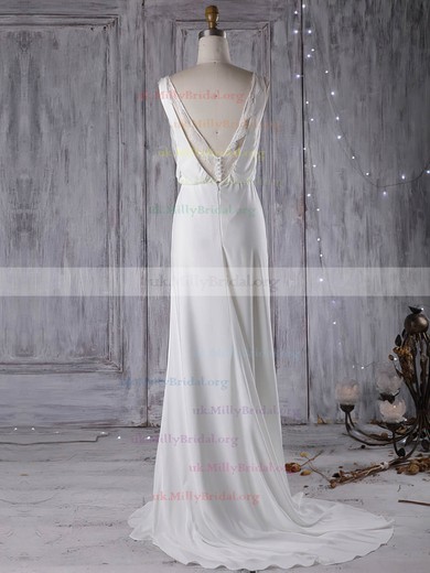Chiffon V-neck Sheath/Column Sweep Train with Lace Wedding Dresses #UKM00023000
