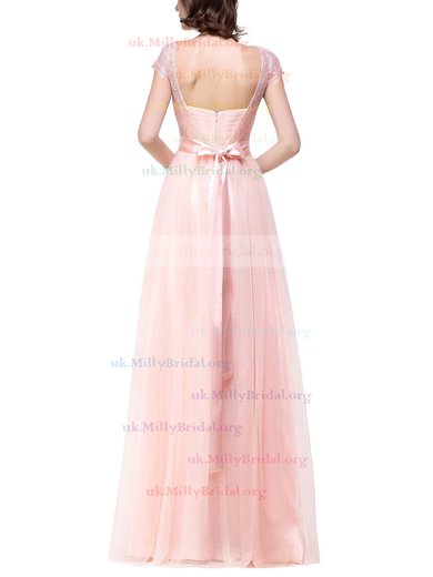 Lace Tulle Scoop Neck A-line Floor-length with Sashes / Ribbons Bridesmaid Dresses #UKM01013439