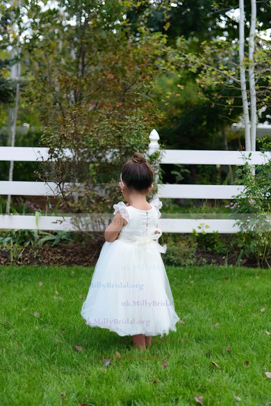 Ball Gown Scoop Neck Tulle Tea-length Lace Flower Girl Dresses #UKM01031795