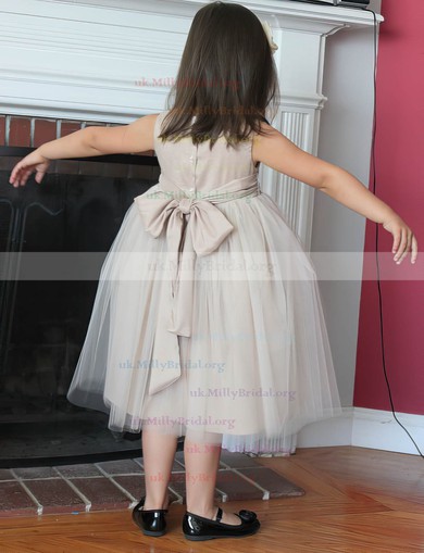 A-line Scoop Neck Tulle Tea-length Bow Flower Girl Dresses #UKM01031806