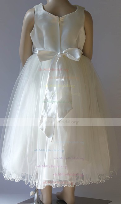 A-line Scoop Neck Tulle Tea-length Bow Flower Girl Dresses #UKM01031807