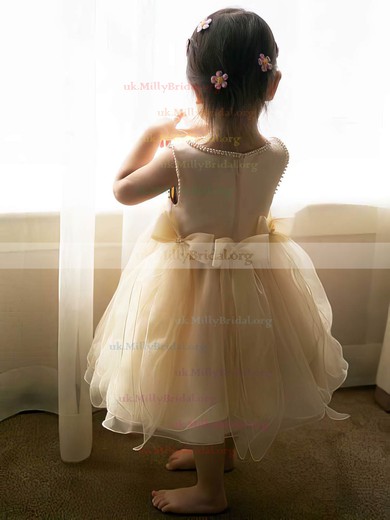 A-line Scoop Neck Satin Tulle Tea-length Bow Flower Girl Dresses #UKM01031817