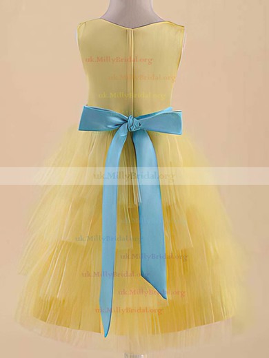 Ball Gown Scoop Neck Tulle Elastic Woven Satin Floor-length Beading Flower Girl Dresses #UKM01031822