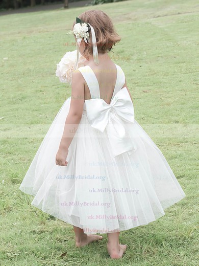 Ball Gown Square Neckline Tulle Tea-length Bow Flower Girl Dresses #UKM01031825