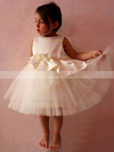 Ball Gown Scoop Neck Satin Tulle Tea-length Ruffles Flower Girl Dresses #UKM01031832