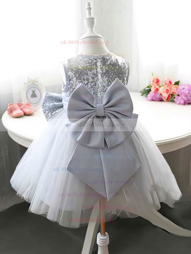 Ball Gown Scoop Neck Satin Tulle Sequined Tea-length Bow Flower Girl Dresses #UKM01031834