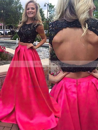 Ball Gown Scoop Neck Satin Sweep Train Beading Prom Dresses #UKM020104397