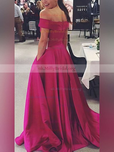 Ball Gown Off-the-shoulder Satin Sweep Train Pockets Prom Dresses #UKM020104481