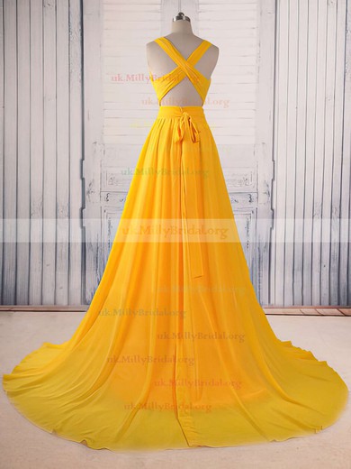 A-line V-neck Chiffon Court Train Ruffles Prom Dresses #UKM020104482