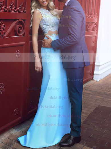 Trumpet/Mermaid Scoop Neck Satin Tulle Sweep Train Appliques Lace Prom Dresses #UKM020104536
