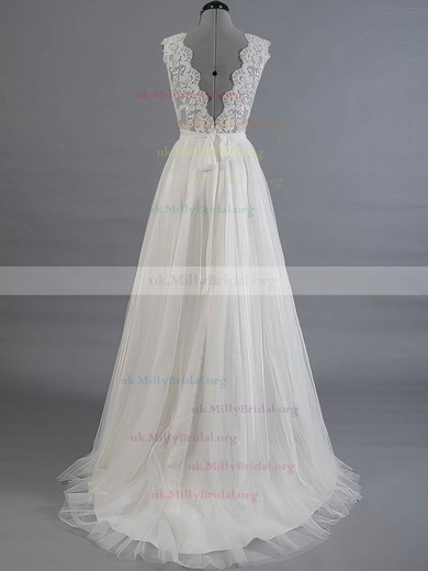 Tulle V-neck A-line Sweep Train with Appliques Lace Wedding Dresses #UKM00023017