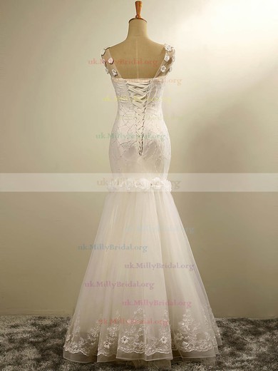 Tulle V-neck Trumpet/Mermaid Floor-length with Flower(s) Wedding Dresses #UKM00023029