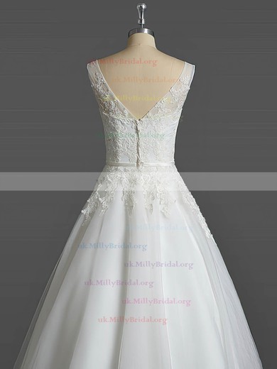 Tulle V-neck Ball Gown Tea-length with Sashes / Ribbons Wedding Dresses #UKM00023031