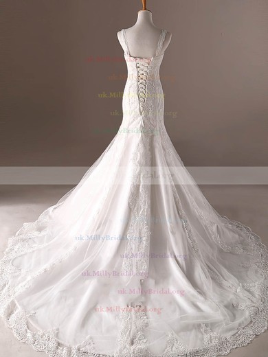 Tulle V-neck Trumpet/Mermaid Sweep Train with Appliques Lace Wedding Dresses #UKM00023032