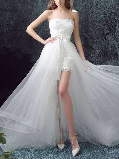 Tulle Lace Strapless A-line Sweep Train with Sashes / Ribbons Wedding Dresses #UKM00023033