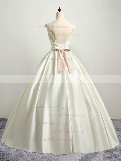 Satin Tulle Scoop Neck Ball Gown Floor-length with Appliques Lace Wedding Dresses #UKM00023035