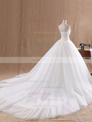 Lace Tulle Strapless Ball Gown Court Train with Ruffles Wedding Dresses #UKM00023037