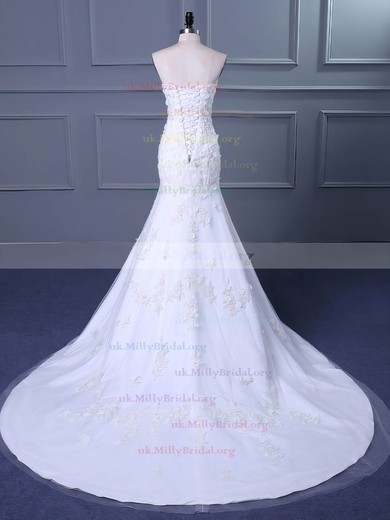 Tulle Sweetheart Trumpet/Mermaid Sweep Train with Flower(s) Wedding Dresses #UKM00023038
