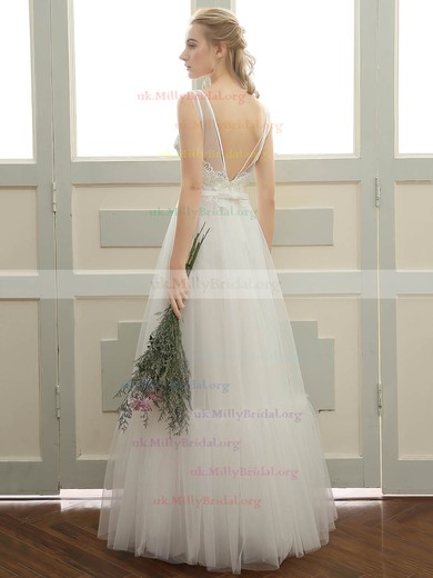 Tulle Scoop Neck A-line Floor-length with Sashes / Ribbons Wedding Dresses #UKM00023058