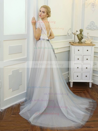 Tulle Lace Scoop Neck A-line Sweep Train with Sashes / Ribbons Wedding Dresses #UKM00023061