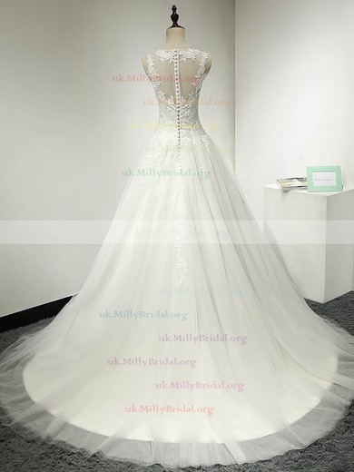Tulle Scoop Neck Ball Gown Sweep Train with Appliques Lace Wedding Dresses #UKM00023064