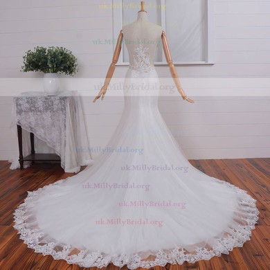 Lace Tulle V-neck Trumpet/Mermaid Court Train with Appliques Lace Wedding Dresses #UKM00023074